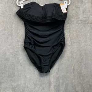 Kona Sol Bandeau One Piece Swimsuit Womens Crochet Flounce Black M